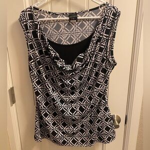 JTB Top XL Stretch Black White Blouse Sleeveless Cowl Neck Shirt